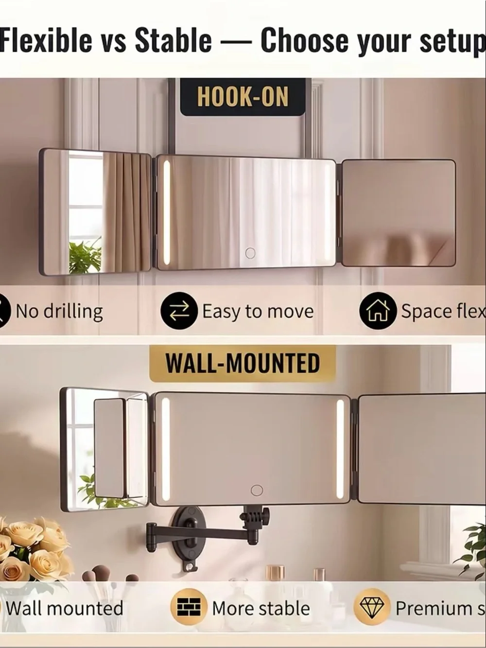 Overdoor Black Tri-Fold Grooming Mirror with Storage Tray